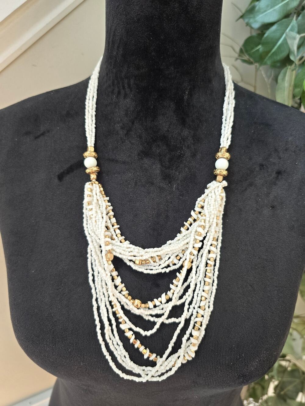 White Multi Strand Seed Bead Layered Statement Necklace Boho Jewelry